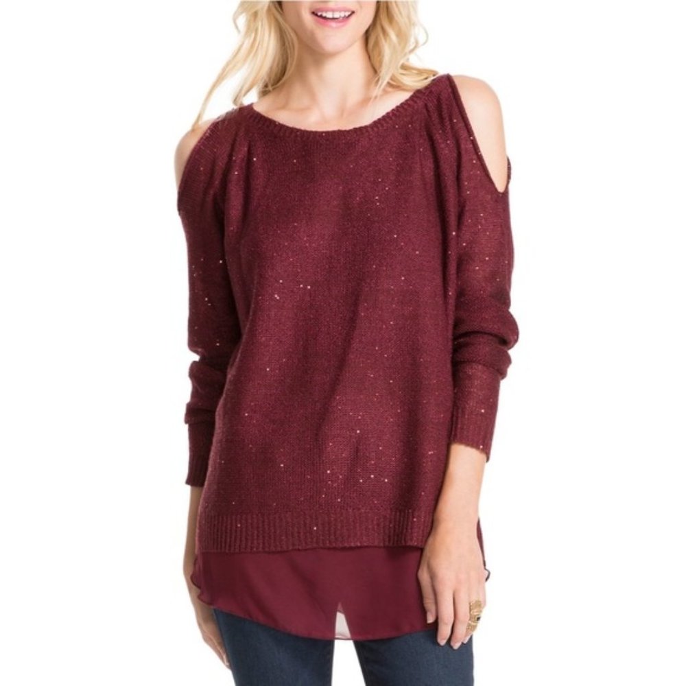 Jessica Simpson Keyhole Blouse Back Sweater Top Plus 2X Moroccan Wine